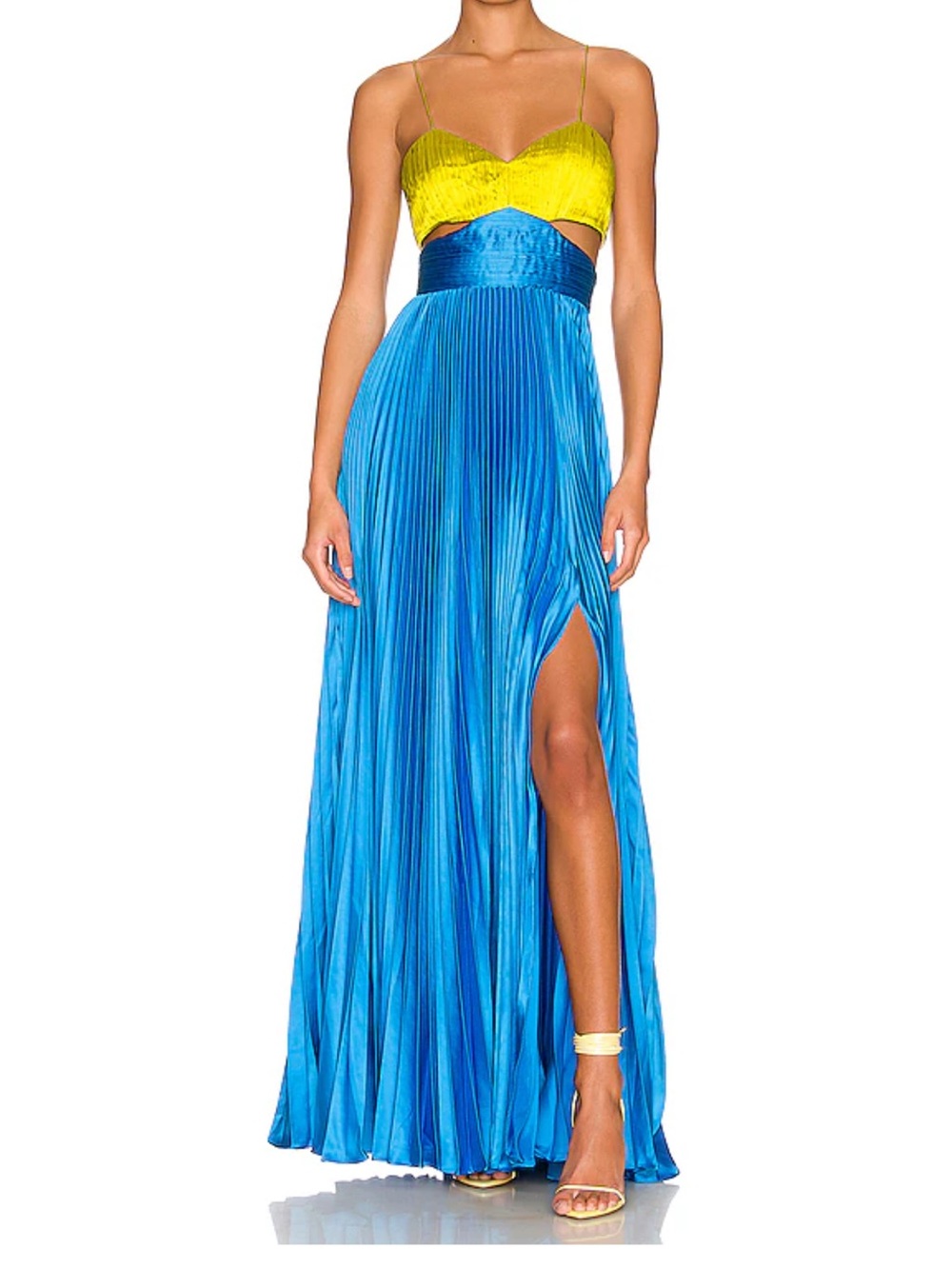 AMUR Elodie Cutout Pleated Satin Gown Citrine Aquarius Blue Maxi Dress Size 4
